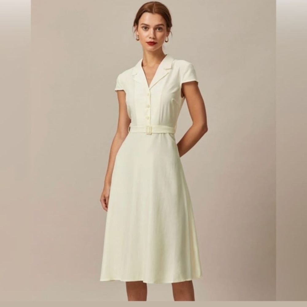 RIHOAS Cream Cap-Sleeved Midi Dress with Belt SMALL
